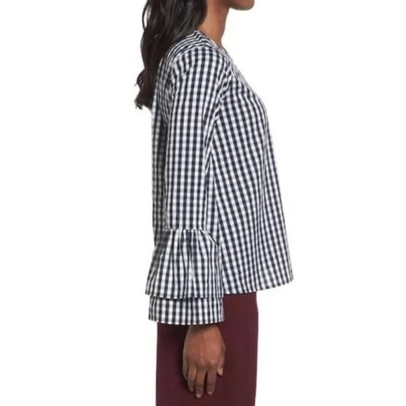 Halogen Nordstrom Gingham Long Bell Sleeves Poplin Top Stretchy Blouse S Small - Picture 2 of 9